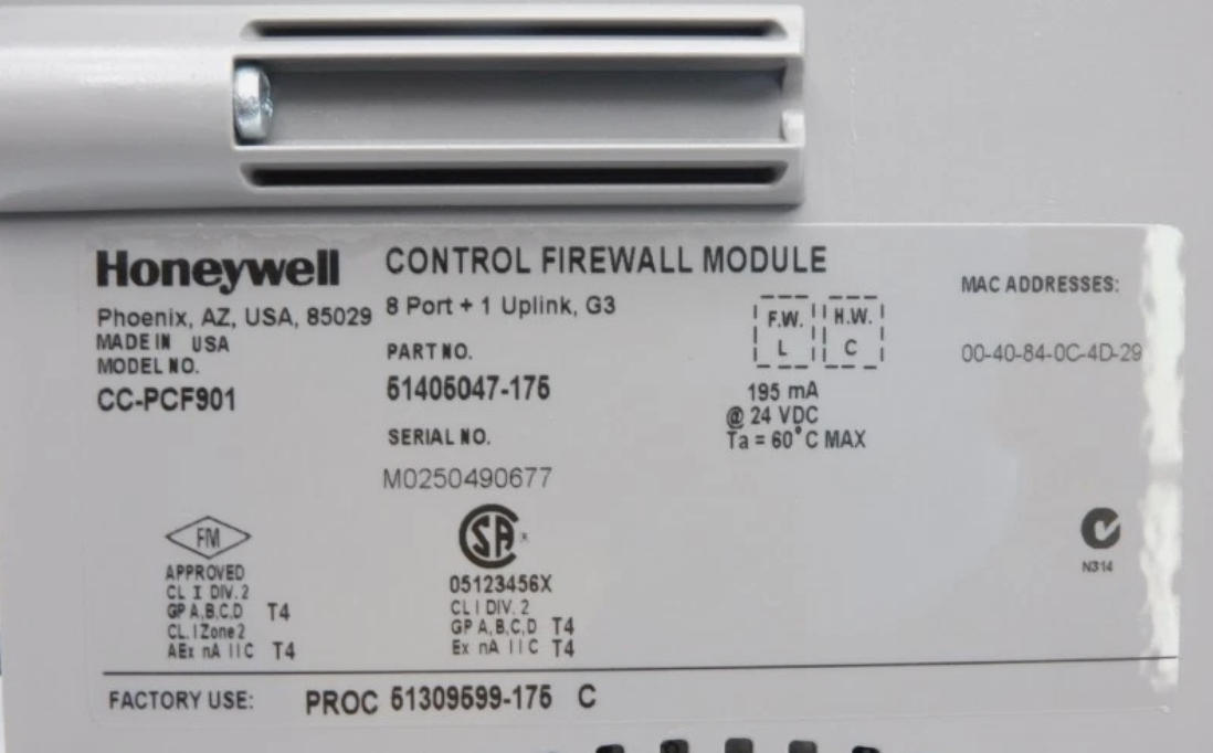 Honeywell CC-PCF901 Control Firewall Modul mit 24 V Gleichstromversorgung für den Netzwerksicherheitsschutz und die FTE-Netzwerkverteilung